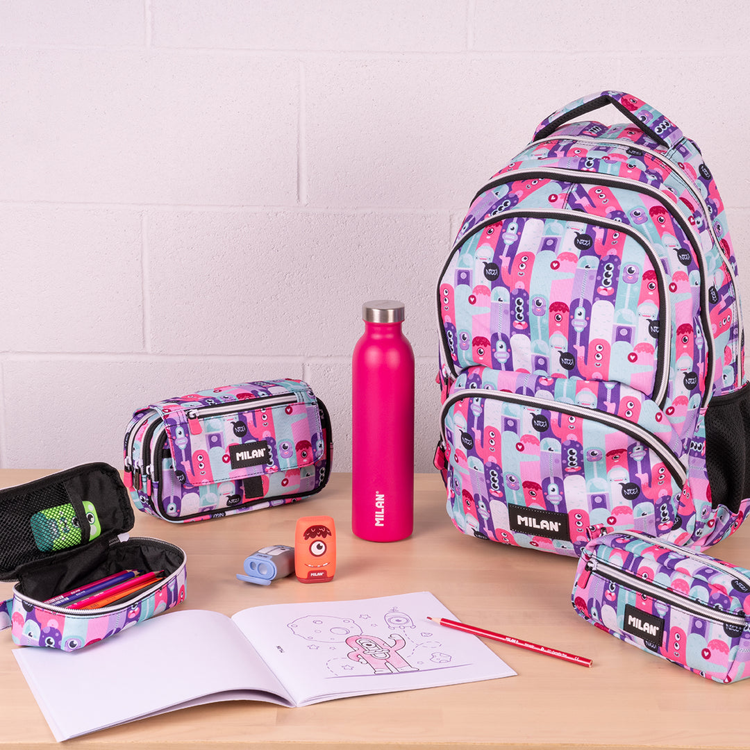 ColePack ECO Milan - Estuche Triple de 3 Cremalleras y Material Escolar Incluido. Aliens