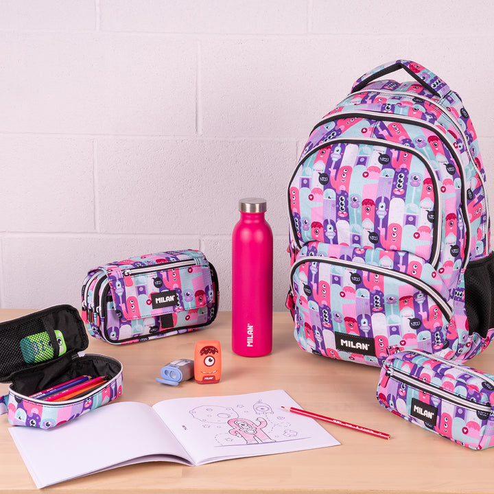 ColePack ECO Milan - Estuche Triple de 3 Cremalleras y Material Escolar Incluido. Aliens
