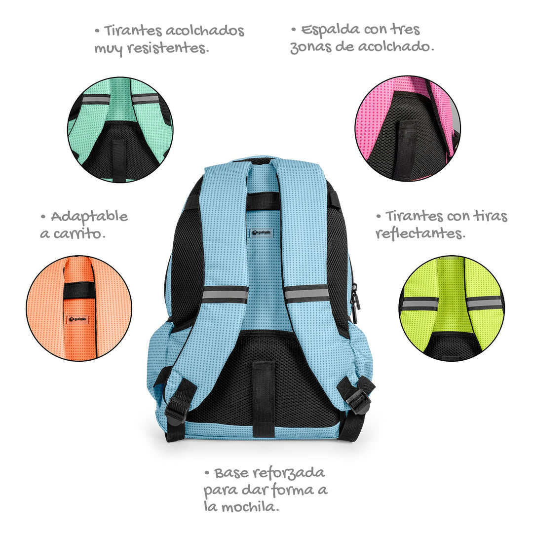 Grafoplás Kūru -  Mochila Escolar 3 Cremalleras con Divisor para Portátil. Adaptable Carrito. Azul