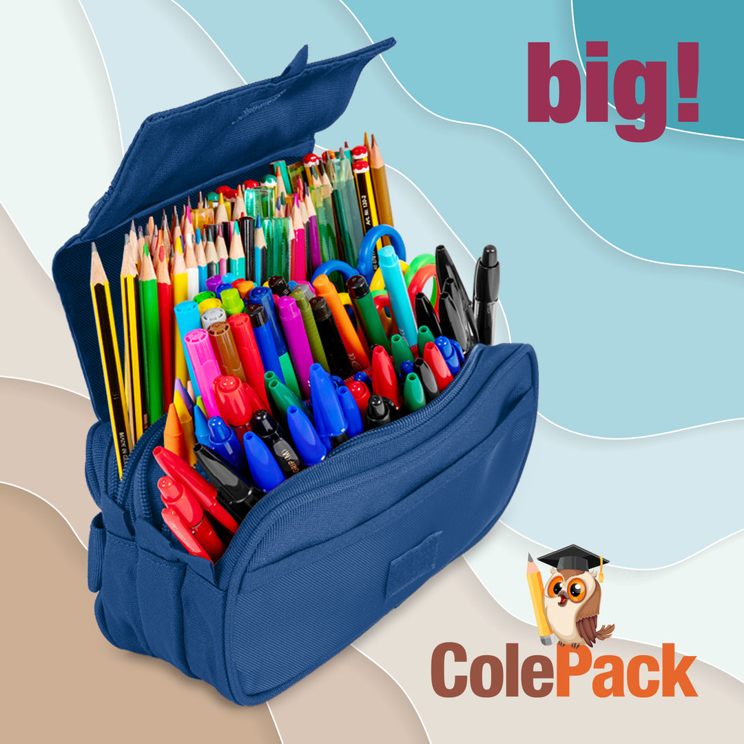 ColePack Pro - Estuche Triple de 3 Cremalleras con Material Escolar Incluido. Rojo Coral