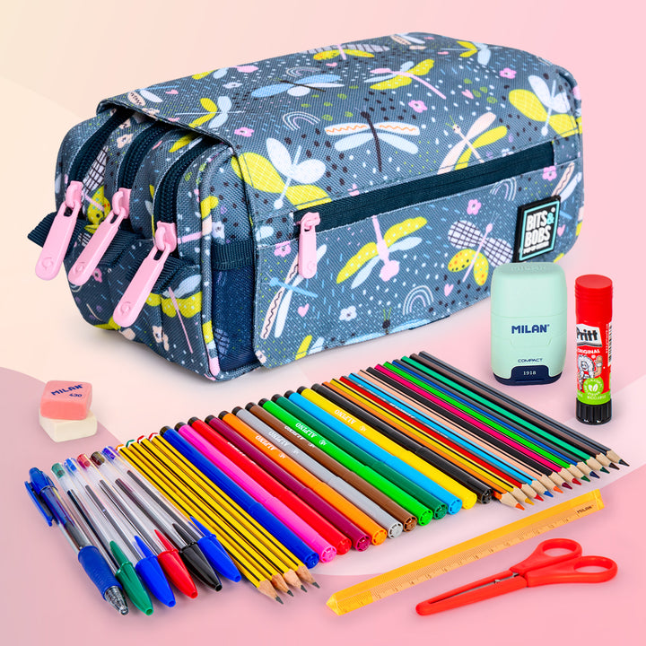 Grafoplás Design - Estuche Portatodo Triple con Solapa para Material Escolar. Dragon Fly