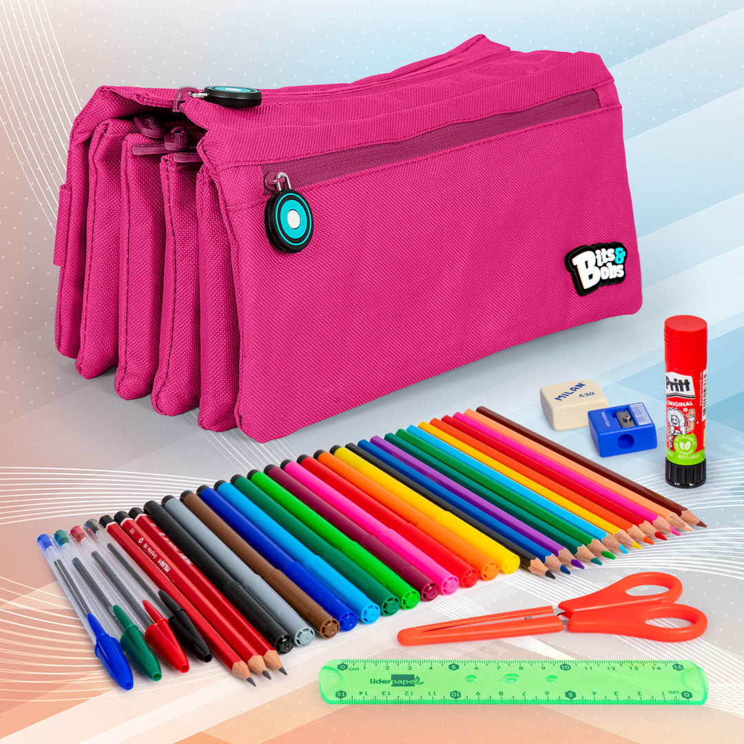 ColePack Eco36 - Estuche Cuadruple de 4 Cremalleras con Material Escolar Incluido. Magenta