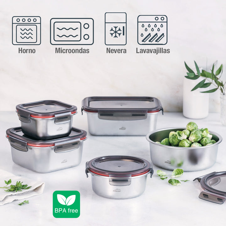 LACOR TwoGo - Recipiente Rectangular de 0.45L + 0.28L en Acero Inoxidable Apto Microondas