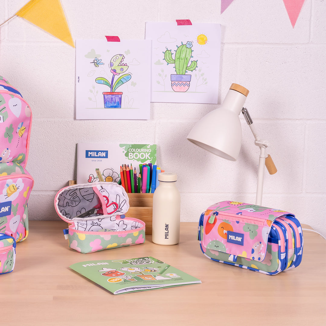 ColePack ECO Milan - Estuche Triple de 3 Cremalleras y Material Escolar Incluido. Green Grow