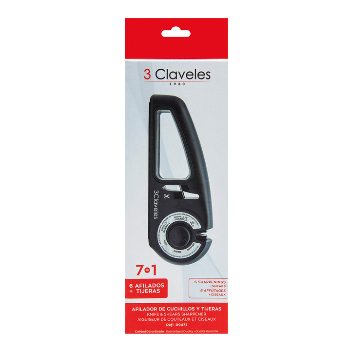 3 Claveles - Afilador Cuchillos y Tijeras de 7 Pasos Ergonómico. Diamante, Carburo y Cerámica