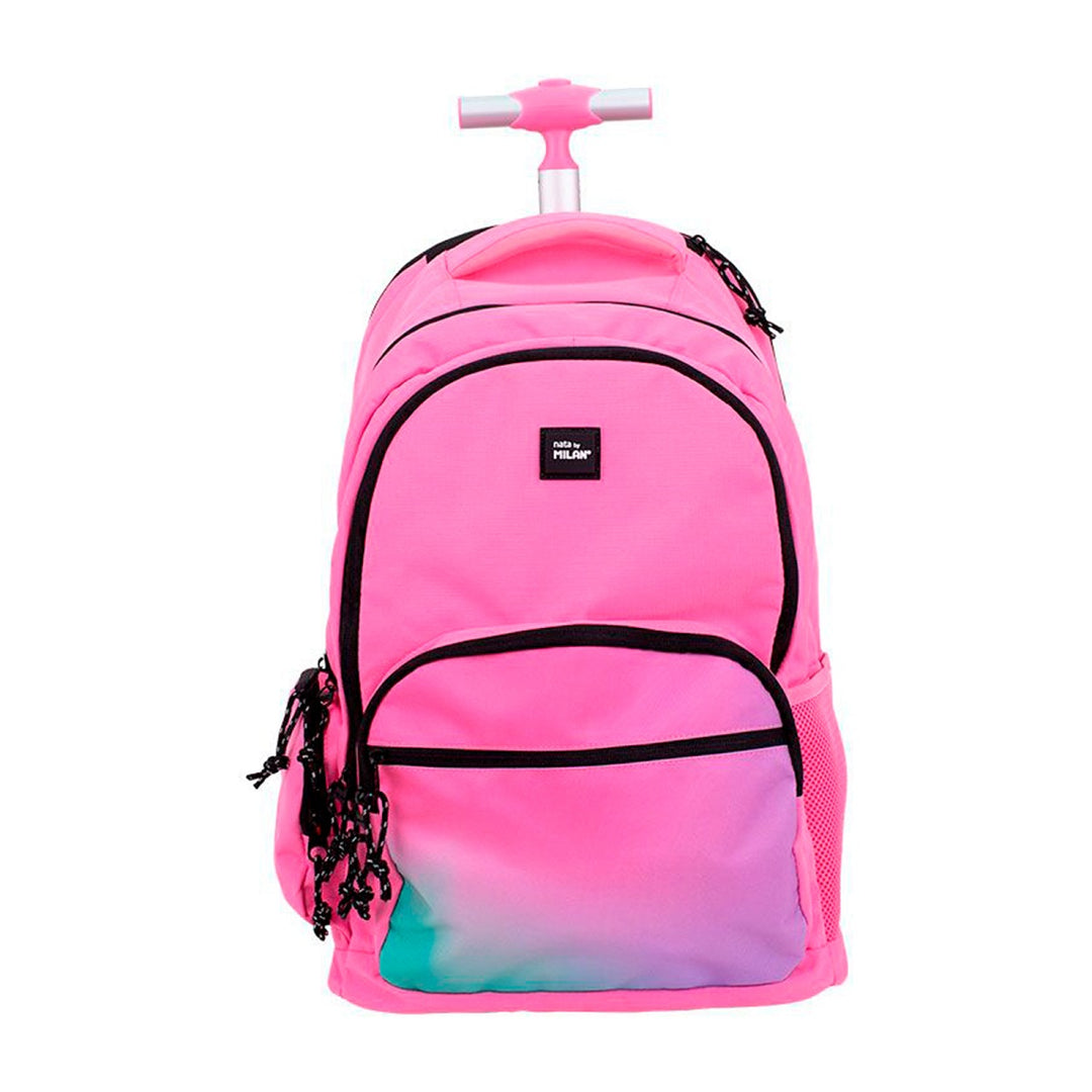 MILAN - Mochila Escolar con Ruedas y 6 Cremalleras, Acolchada y para Portatil. Sunset Rosa