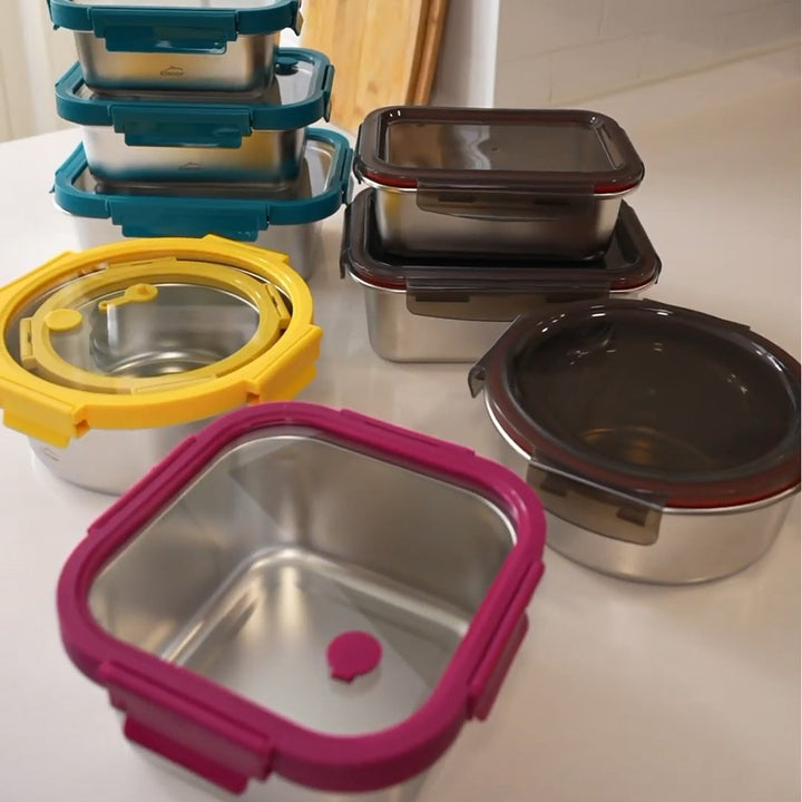 Lacor Etern - Lote de 3 Recipientes Rectangulares de 0.8L, 1.2L y 1.8L en Acero y Cristal Apto Microondas