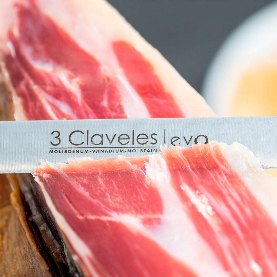 3 Claveles - Kit Soporte Jamonero Plegable en Bambú y Cuchillos Jamoneros con Chaira