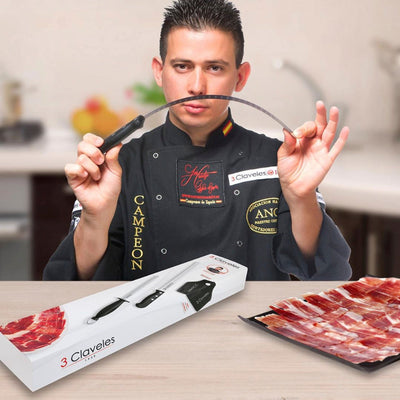 3 Claveles Gourmet - Kit Profesional de Cuchillo Jamonero Deshuesadores Chaira y Funda