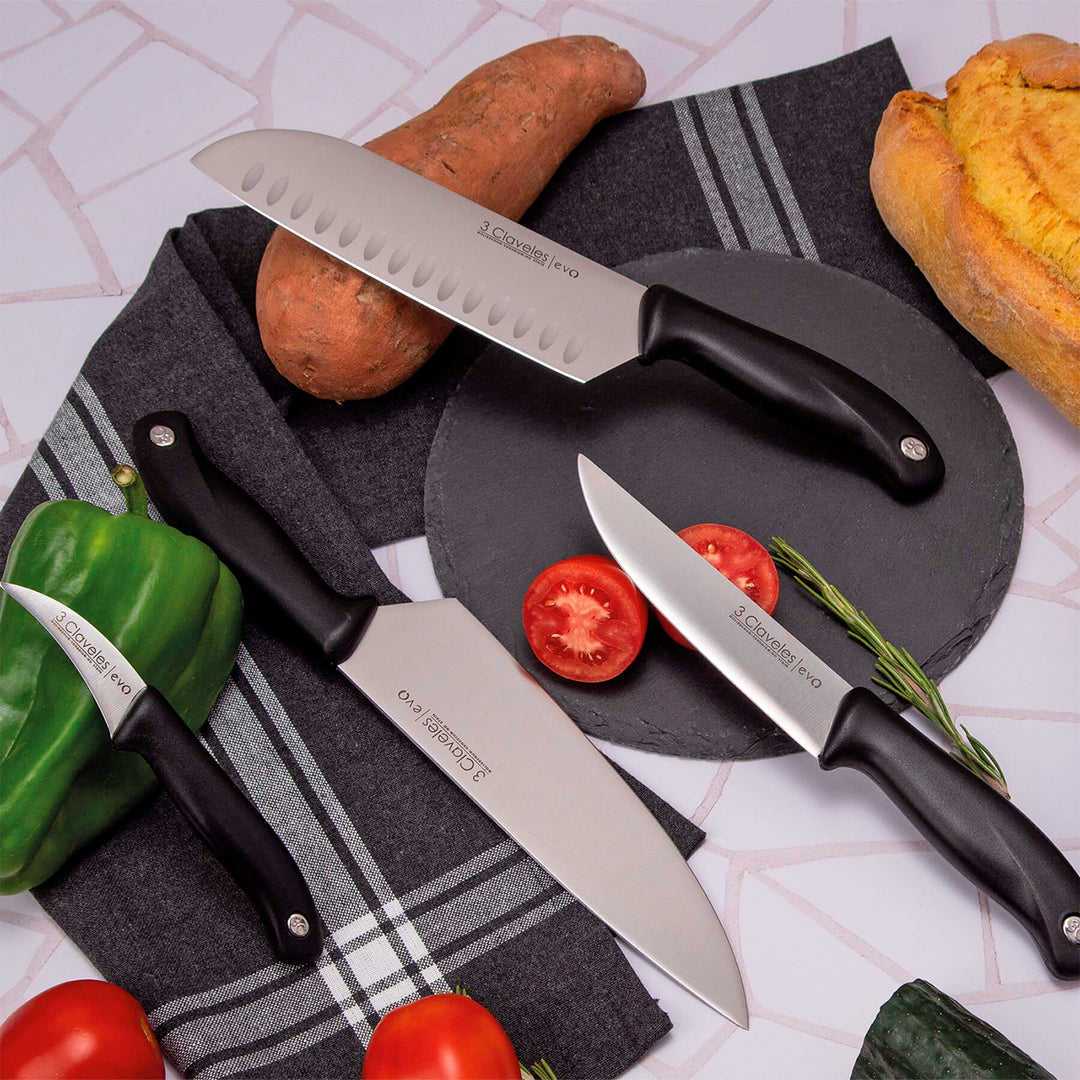 Claveles EVO - Set de 3 Cuchillos de Verduras, Cocina y Santoku en Acero Inoxidable