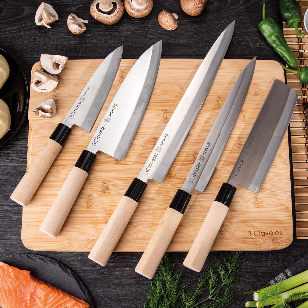 3 Claveles NIPON - Kit Cuchillos Medianos Tipo Japonés Acero Inoxidable y Mango de Arce