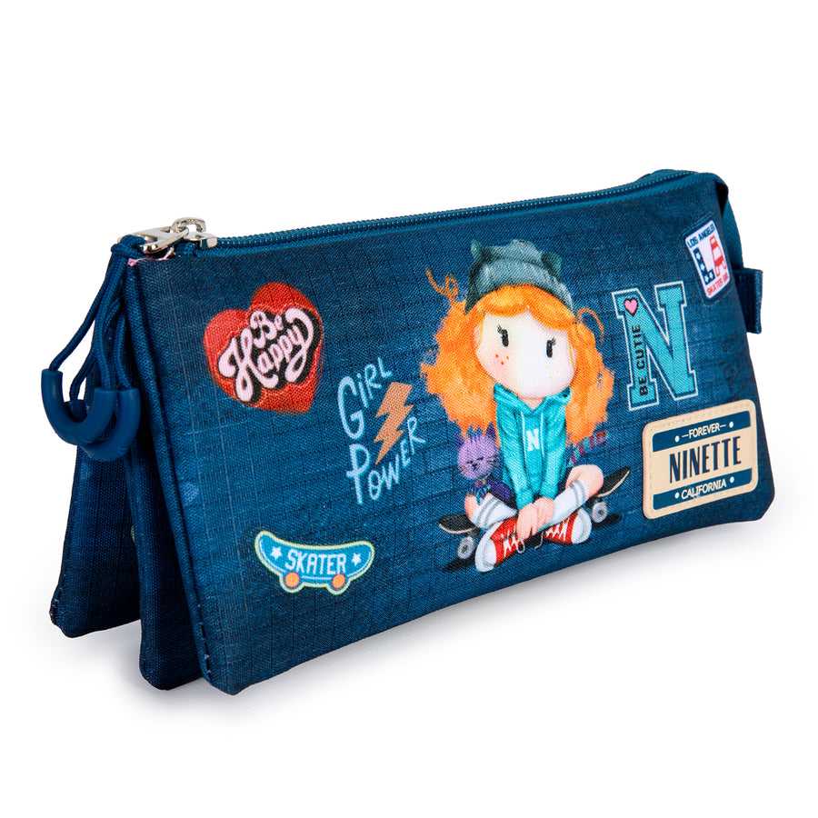 FOREVER NINETTE Skater - Estuche Escolar Triple Portatodo con 2 Cremalleras. Azul