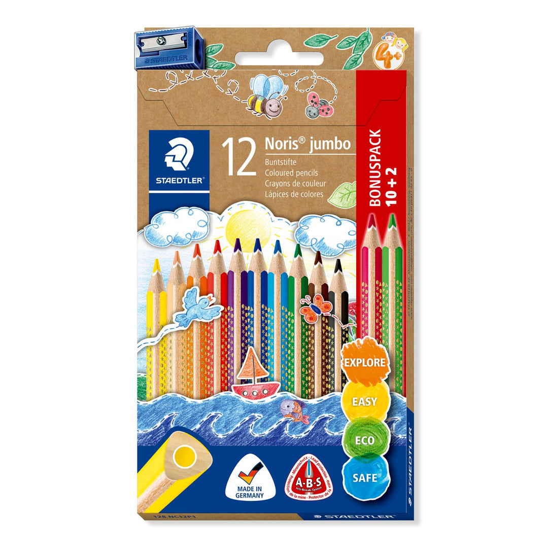 STAEDTLER Noris Jumbo 128 - 10+2 lápices de color triangular más afilalápices