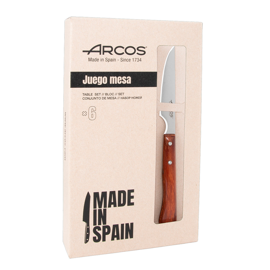 ARCOS - Set de 6 Cuchillos Chuleteros Filo Liso Nitrum con Mango en Madera de Haya