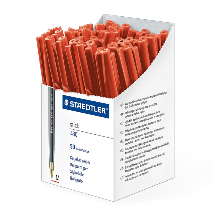 STAEDTLER - Caja de 50 Bolígrafos Stick 430 de Punta Media Color Rojo