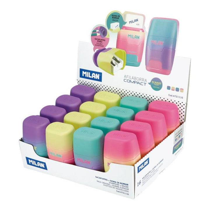 MILAN Sunset - Caja Expositora Afilaborra Compact. Combinación de Goma y Sacapuntas Doble. Colores Surtidos