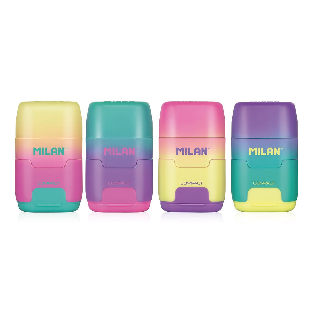 MILAN Sunset - Caja Expositora Afilaborra Compact. Combinación de Goma y Sacapuntas Doble. Colores Surtidos