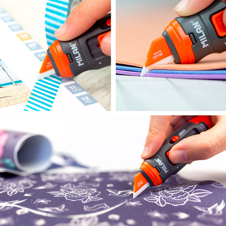 MILAN STICK - Blister Cutter Pequeño Hoja Cerámica con Bloqueo de Seguridad. Gris