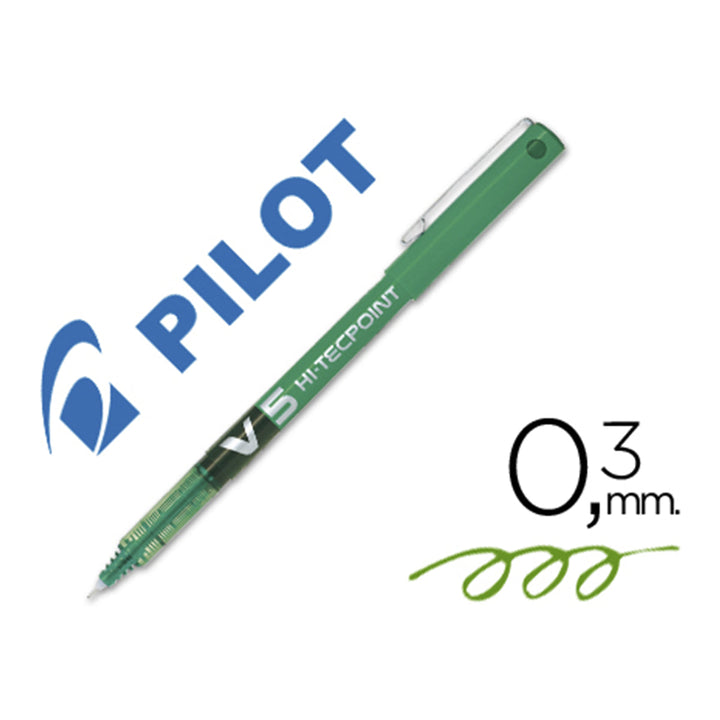 PILOT - Set de 6 Bolígrafos Roller V5 HI-TECPOINT Punta Extra Fina 0.5 mm. Verde