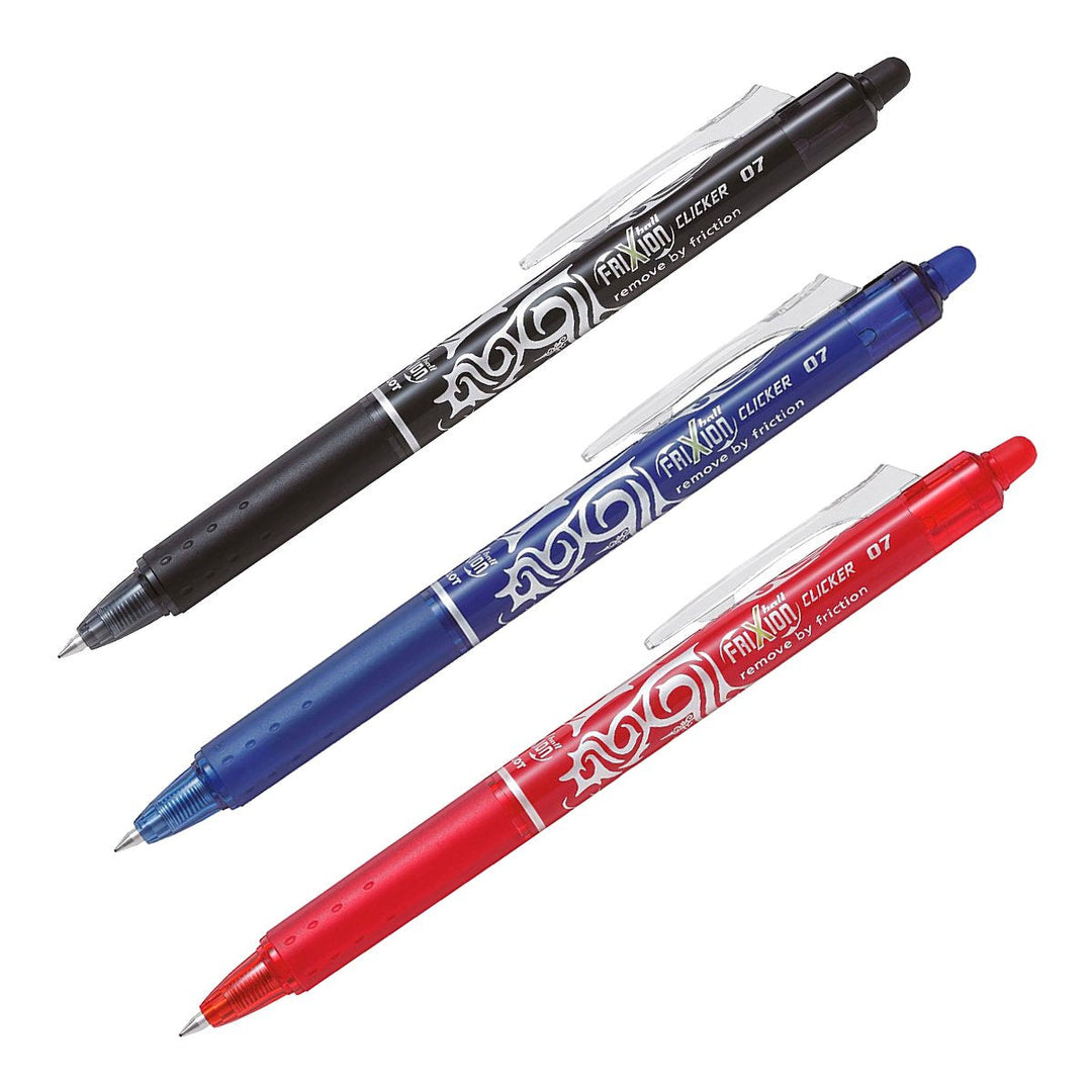 PILOT - Set de 3 Bolígrafos FriXion Ball Clicker Borrables y Recargables 0.7 mm. Negro