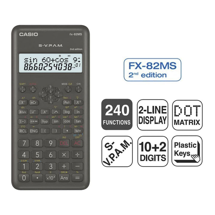 CASIO FX-82MS II - Calculadora Científica Escolar 240 Funciones, Pantalla LCD 2 Líneas