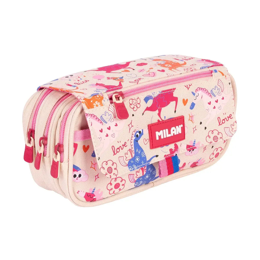 Milan Flowicorn - Estuche Portatodo Triple con Cuatro Cremalleras para Material Escolar