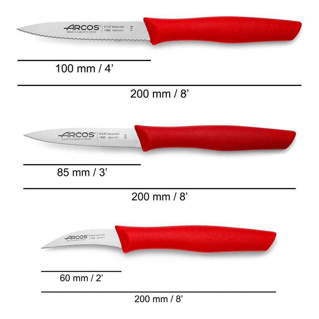 ARCOS Nova - Juego de 3 Cuchillos Mondadores en Acero Inoxidable NITRUM®. Rojo