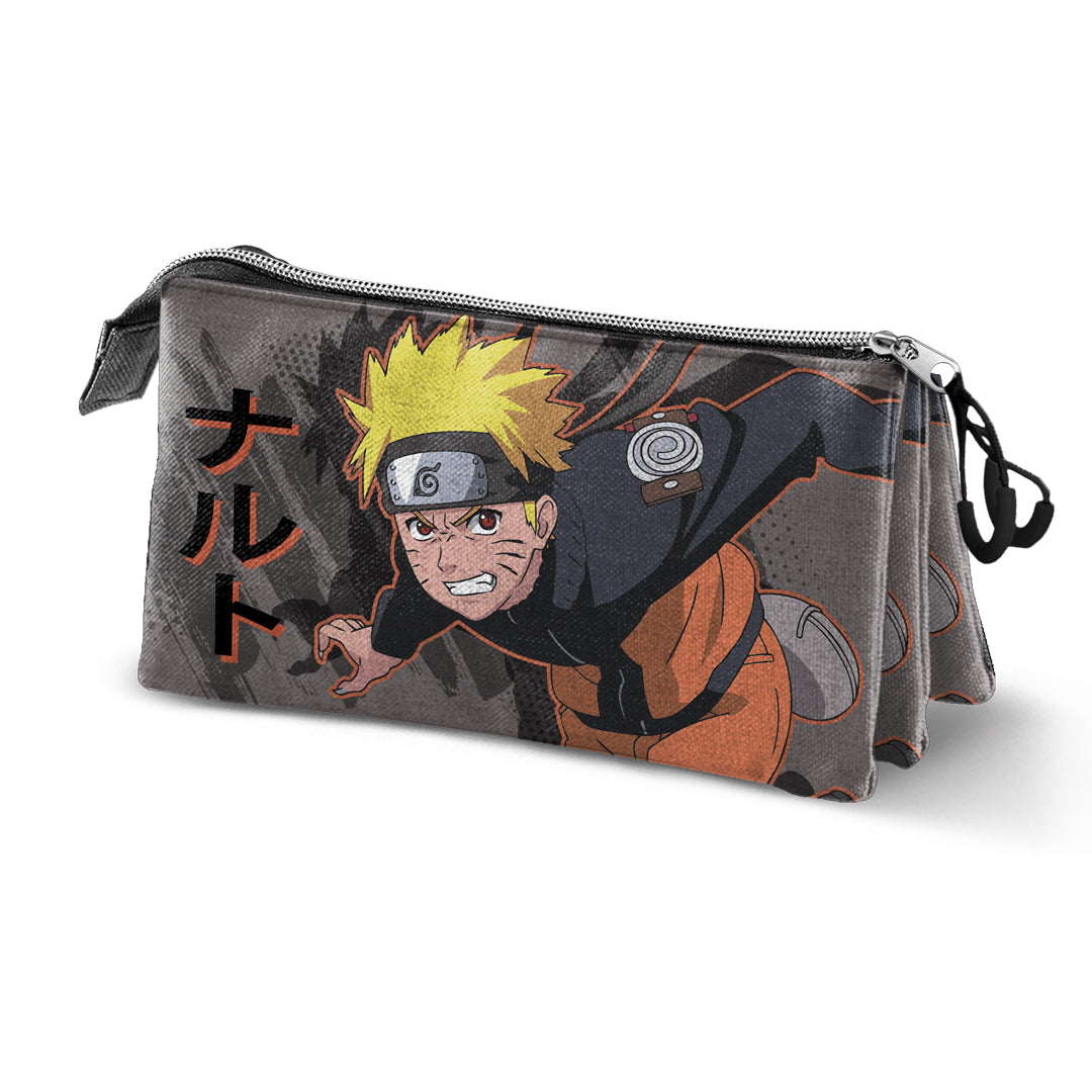 NARUTO Shurike - Estuche Escolar Triple Portatodo con 2 Cremalleras. Gris