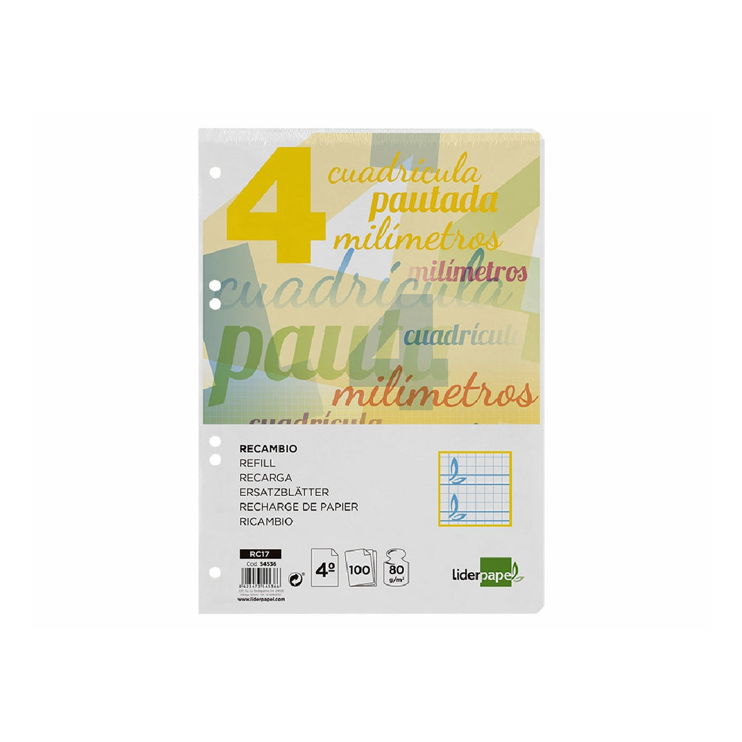 LIDERPAPEL - Recambio Liderpapel Cuarto Pautaguia 100 Hojas 75 G Cuadriculado Pautado 4 mm Con Margen 6 Taladros