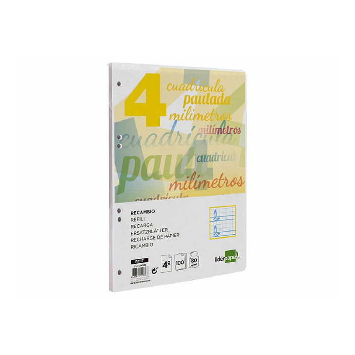 LIDERPAPEL - Recambio Liderpapel Cuarto Pautaguia 100 Hojas 75 G Cuadriculado Pautado 4 mm Con Margen 6 Taladros
