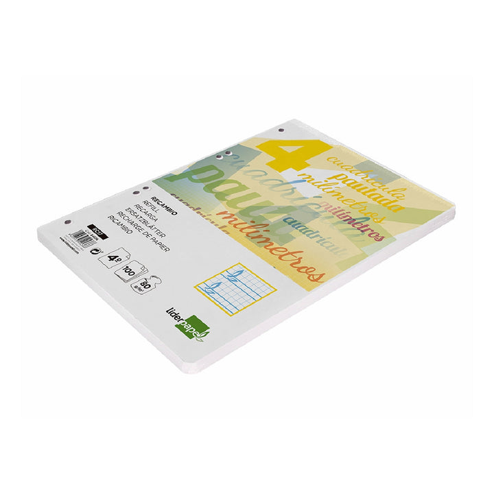 LIDERPAPEL - Recambio Liderpapel Cuarto Pautaguia 100 Hojas 75 G Cuadriculado Pautado 4 mm Con Margen 6 Taladros