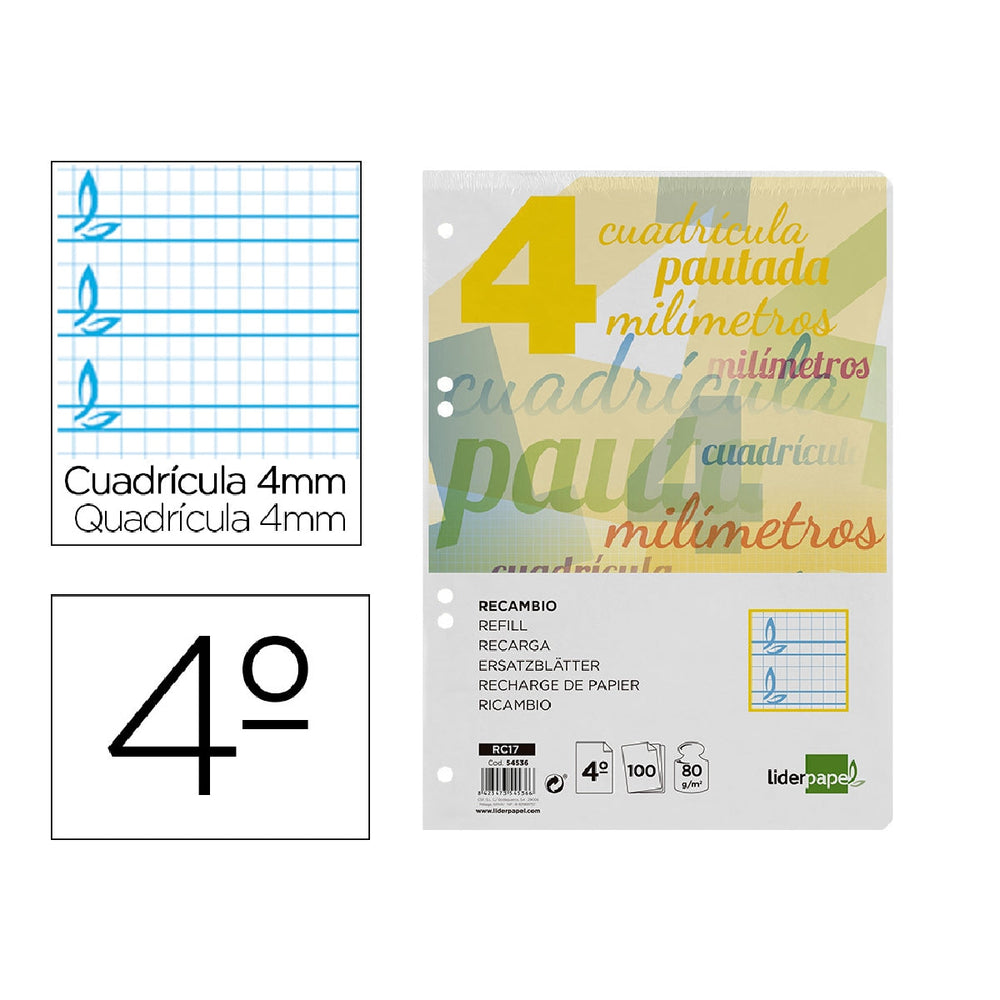 LIDERPAPEL - Recambio Liderpapel Cuarto Pautaguia 100 Hojas 75 G Cuadriculado Pautado 4 mm Con Margen 6 Taladros