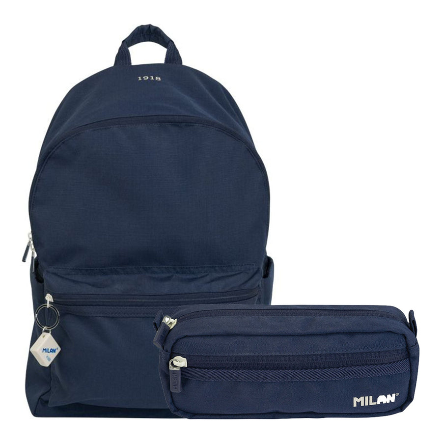 MILAN 1918 -  Pack Escolar con Mochila Urbana Clásica y Estuche 2 Cremalleras. Azul