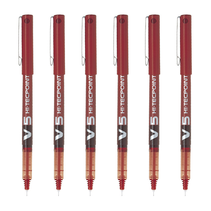 PILOT - Set de 6 Bolígrafos Roller V5 HI-TECPOINT Punta Extra Fina 0.5 mm. Rojo