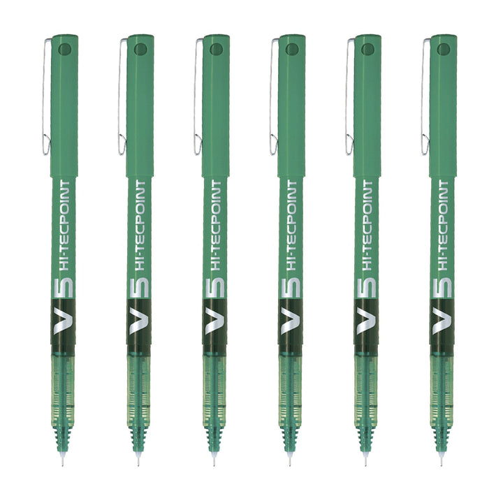 PILOT - Set de 6 Bolígrafos Roller V5 HI-TECPOINT Punta Extra Fina 0.5 mm. Verde