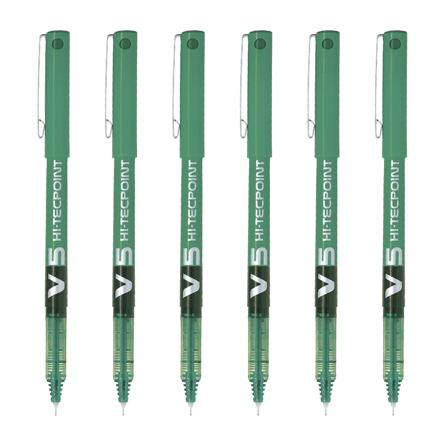 PILOT - Set de 6 Bolígrafos Roller V5 HI-TECPOINT Punta Extra Fina 0.5 mm. Verde