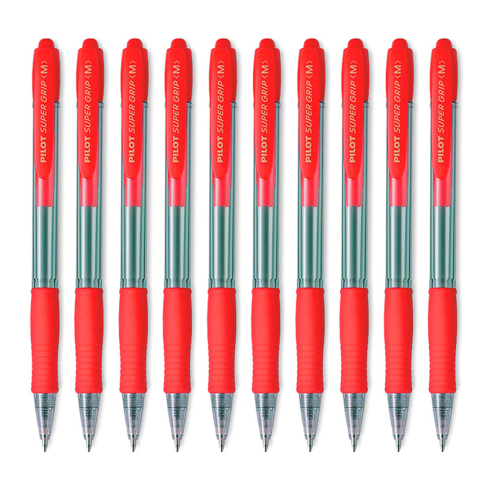 PILOT - Caja de 10 Bolígrafos Super Grip Retráctil de Punta Media Tinta en Aceite. Rojo