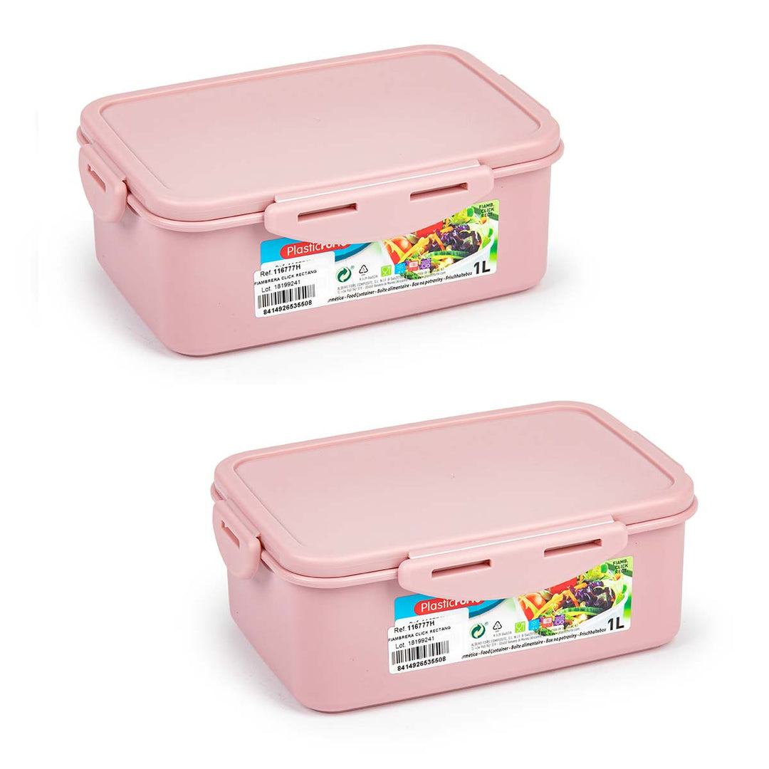  Plastic Forte Click - Juego de 2 Recipientes Rectangulares de 1L para Alimentos. Rosa