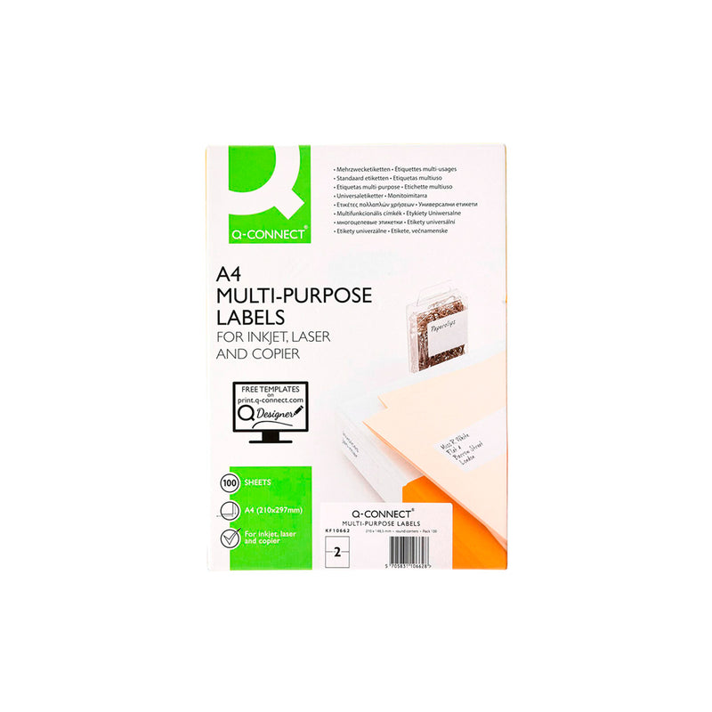 Q-CONNECT KF10662 - Caja 100 Hojas DIN A4 de 2 Etiquetas Adhesivas 210x148.5 mm Copia Laser InkJet Blancas