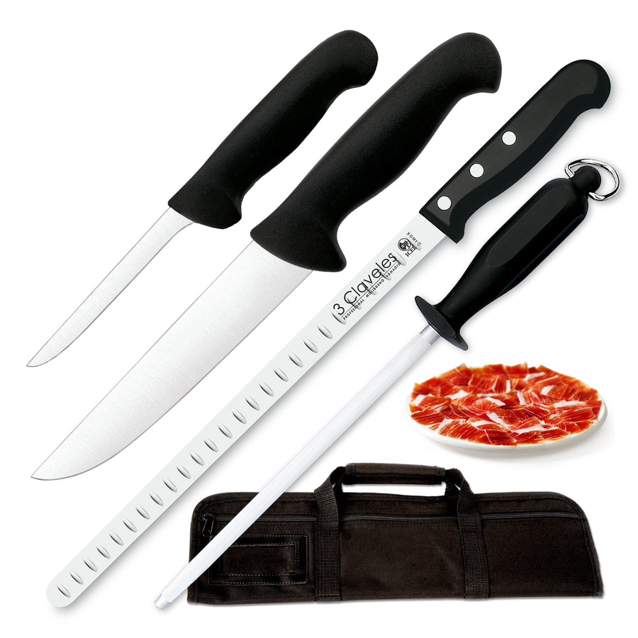 Arcos Master - Kit Corte de Jamón con Cuchillo Jamonero, Deshuesadores, Chaira y Estuche