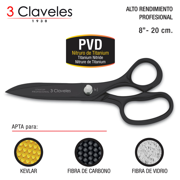 3 Claveles - Tijera Profesional Nitruro de Titanio de Alto Rendimiento 8". Ref. 00079