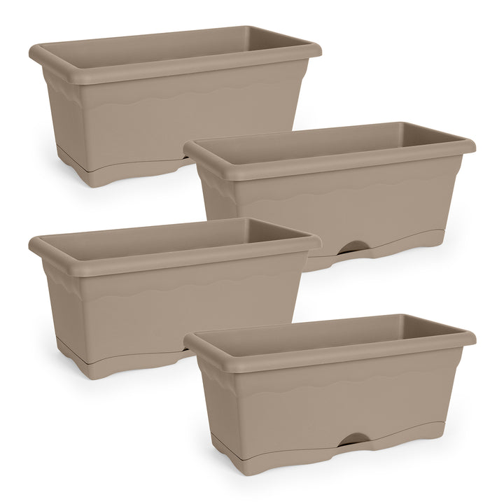 Plastiken TERRA - Set de 4 Jardineras con Plato Integrado. Medida 40 cm 8L. Taupe