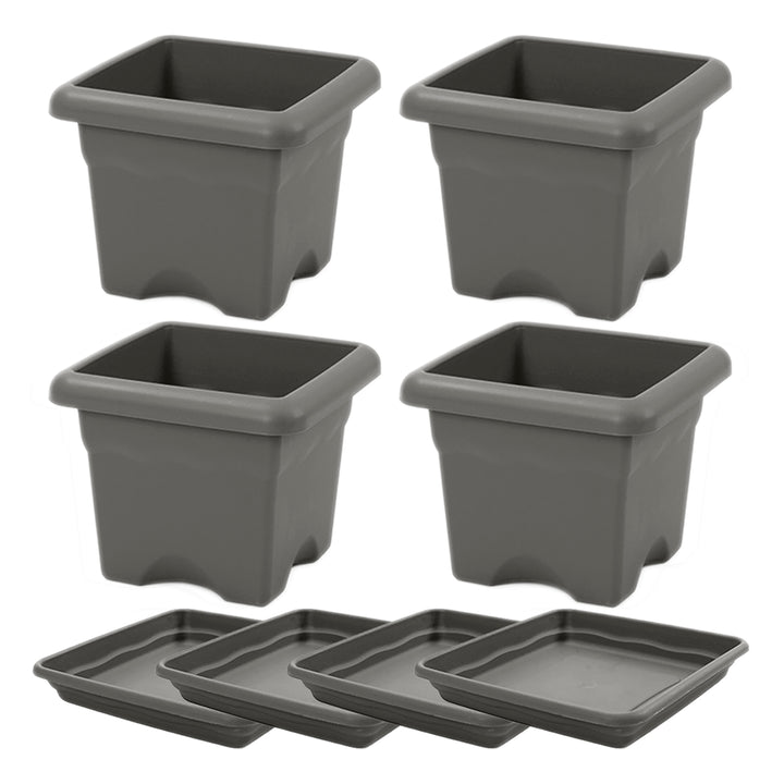 Plastiken TERRA - Set de 4 Macetas Cuadradas con Platos Incluidos. Medida 26 cm 7L. Gris