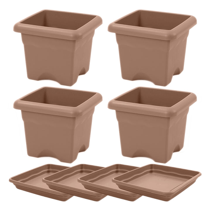 Plastiken TERRA - Set de 4 Macetas Cuadradas con Platos Incluidos. Medida 26 cm 7L. Taupe