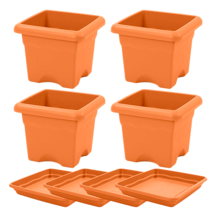 Plastiken TERRA - Lote de 4 Macetas Cuadradas con Platos Incluidos. Medida 26 cm 7L. Terracota