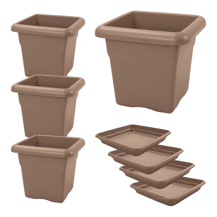 Plastiken TERRA - Lote de 4 Macetas Cuadradas con Platos Incluidos. Medida 33 cm 14L. Taupe