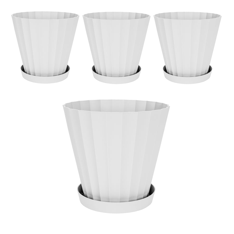 Plastiken DORIC - Set de 4 Macetas Redondas con Platos Incluidos. Medida 22 cm 5L. Blanco