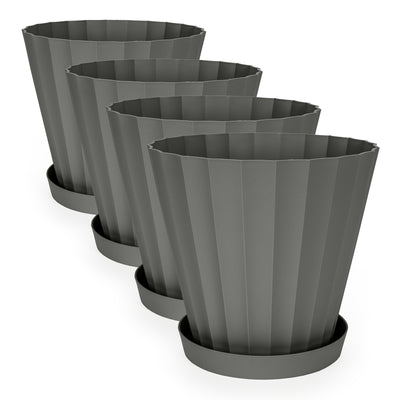 Plastiken DORIC - Lote de 4 Macetas Redondas con Platos Incluidos. Medida 26 cm 8L. Antracita