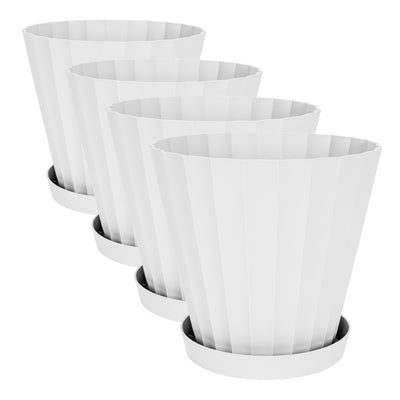 Plastiken DORIC - Set de 4 Macetas Redondas con Platos Incluidos. Medida 26 cm 8L. Blanco