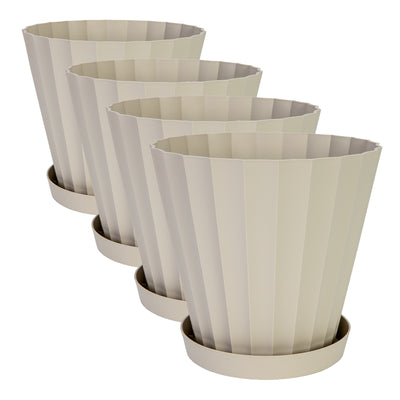 Plastiken DORIC - Set de 4 Macetas Redondas con Platos Incluidos. Medida 26 cm 8L. Ecru